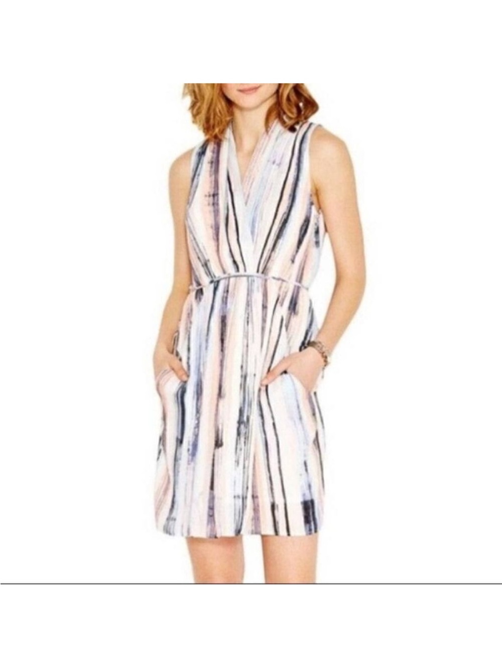 Bar III Striped V-Neck Midi Dress in Pastel Pink, Blue and Black